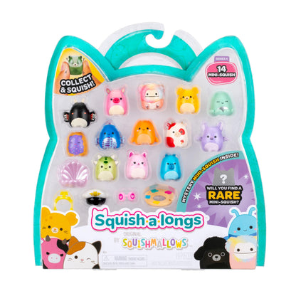 Squish-a-longs Mini-Squish 14-Pack (Wave 4, Style 1) includes Nicolas the Lavender Spotted Bat, Amelia the Cheese Mouse, Diane the Peach Bigfoot