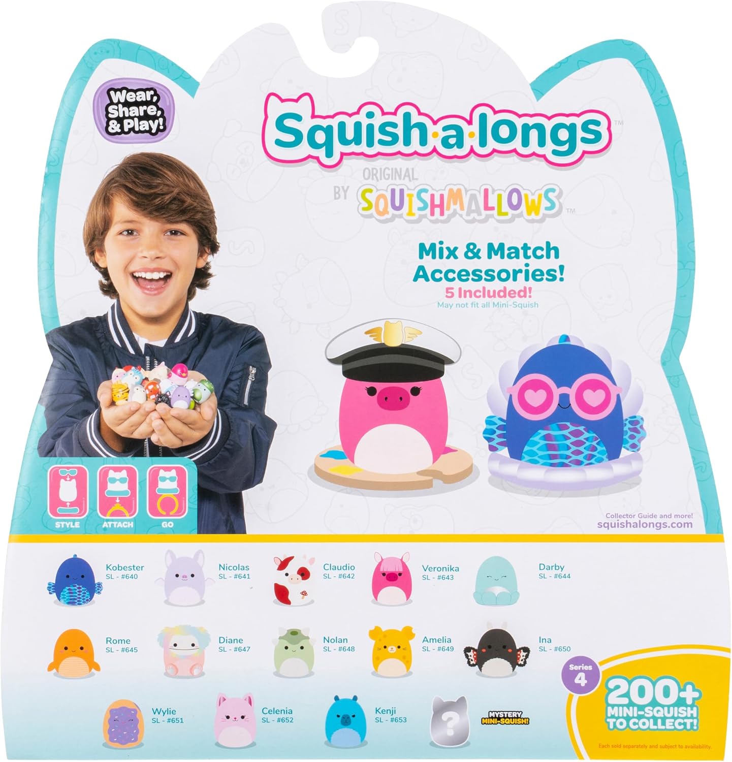 Squish-a-longs Mini-Squish 14-Pack (Wave 4, Style 1) includes Nicolas the Lavender Spotted Bat, Amelia the Cheese Mouse, Diane the Peach Bigfoot