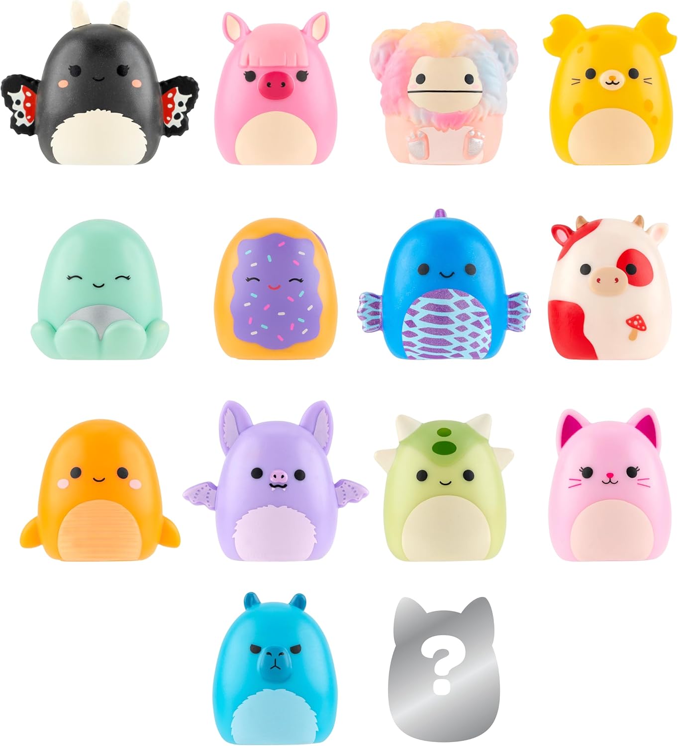 Squish-a-longs Mini-Squish 14-Pack (Wave 4, Style 1) includes Nicolas the Lavender Spotted Bat, Amelia the Cheese Mouse, Diane the Peach Bigfoot
