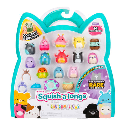 Squish-a-longs Mini-Squish 14-Pack (Wave 4, Style 2) includes Apollo the Coral Firefly, Vilmos the Blue Triceratops, Kelbel the Pastel Purple Banana
