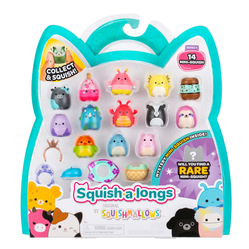 Squish-a-longs Mini-Squish 14-Pack (Wave 4, Style 2) includes Apollo the Coral Firefly, Vilmos the Blue Triceratops, Kelbel the Pastel Purple Banana