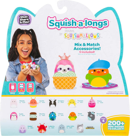 Squish-a-longs Mini-Squish 14-Pack (Wave 4, Style 2) includes Apollo the Coral Firefly, Vilmos the Blue Triceratops, Kelbel the Pastel Purple Banana