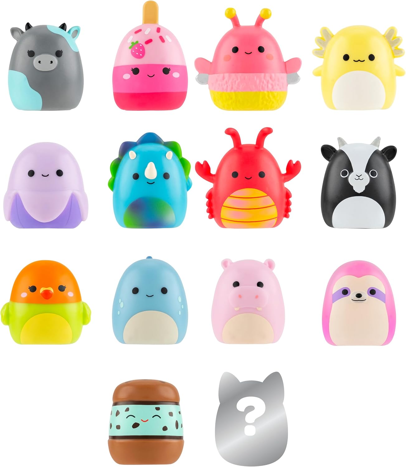 Squish-a-longs Mini-Squish 14-Pack (Wave 4, Style 2) includes Apollo the Coral Firefly, Vilmos the Blue Triceratops, Kelbel the Pastel Purple Banana