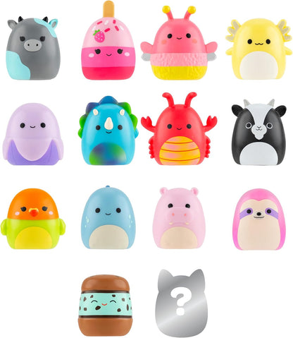 Squish-a-longs Mini-Squish 14-Pack (Wave 4, Style 2) includes Apollo the Coral Firefly, Vilmos the Blue Triceratops, Kelbel the Pastel Purple Banana