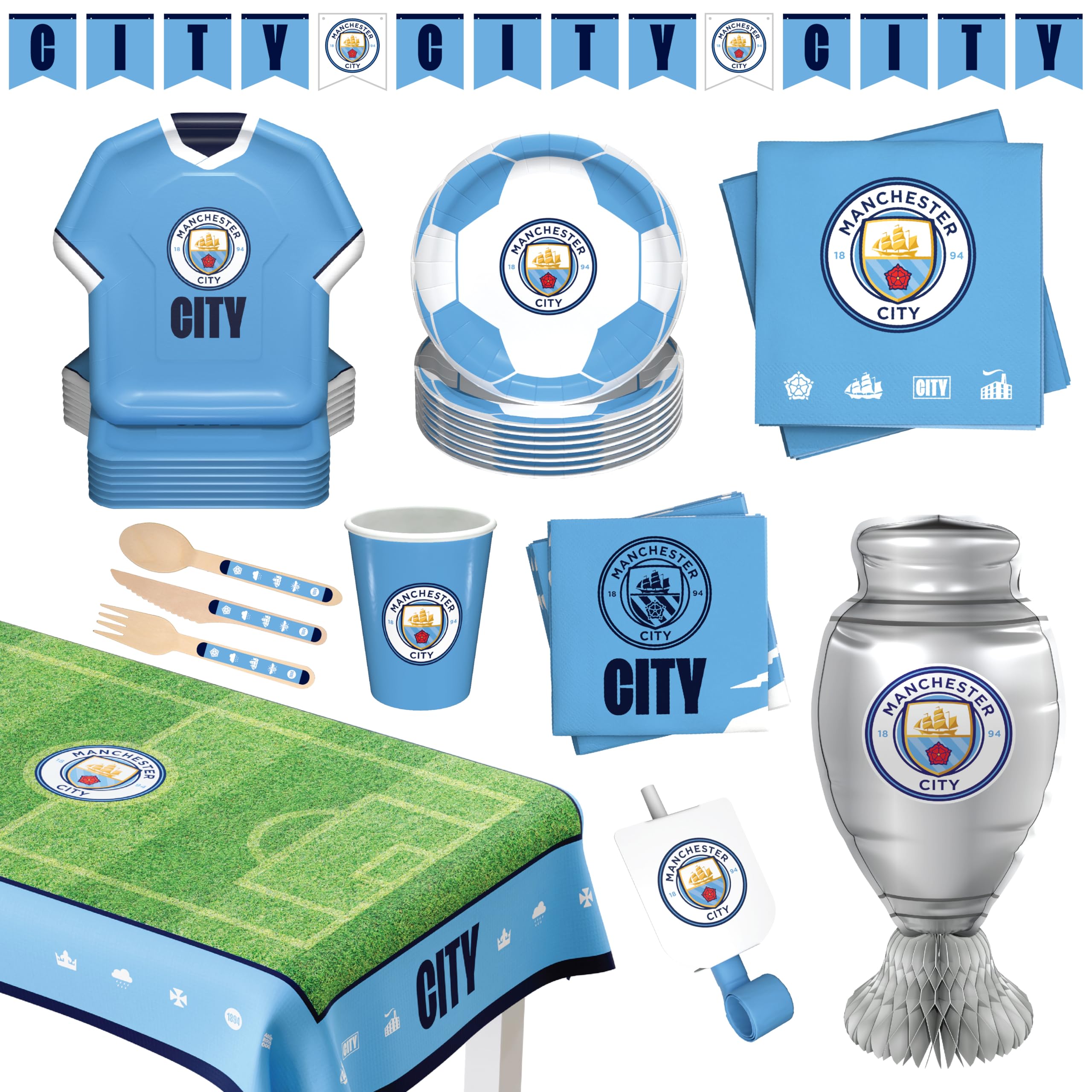 Manchester City FC official Party Box, All in one 75 pcs for 6 Guests | Disposable Tableware Set w/ Cutlery, Napkin, Decorations & Party Favors | Perfect for Birthday, Matchday Celebrate (75