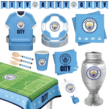 Manchester City FC official Party Box, All in one 75 pcs for 6 Guests | Disposable Tableware Set w/ Cutlery, Napkin, Decorations & Party Favors | Perfect for Birthday, Matchday Celebrate (75
