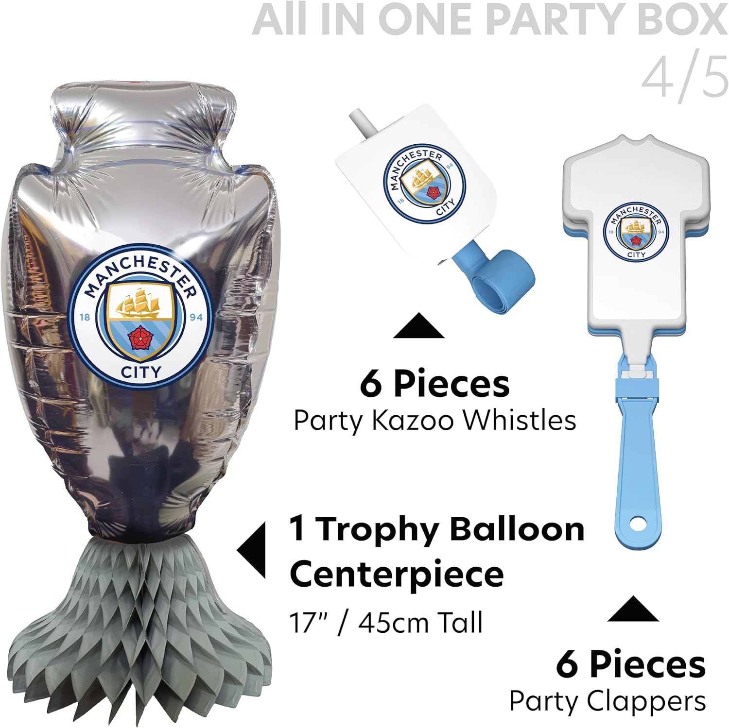 Manchester City FC official Party Box, All in one 75 pcs for 6 Guests | Disposable Tableware Set w/ Cutlery, Napkin, Decorations & Party Favors | Perfect for Birthday, Matchday Celebrate (75