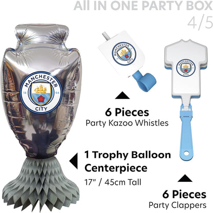Manchester City FC official Party Box, All in one 75 pcs for 6 Guests | Disposable Tableware Set w/ Cutlery, Napkin, Decorations & Party Favors | Perfect for Birthday, Matchday Celebrate (75