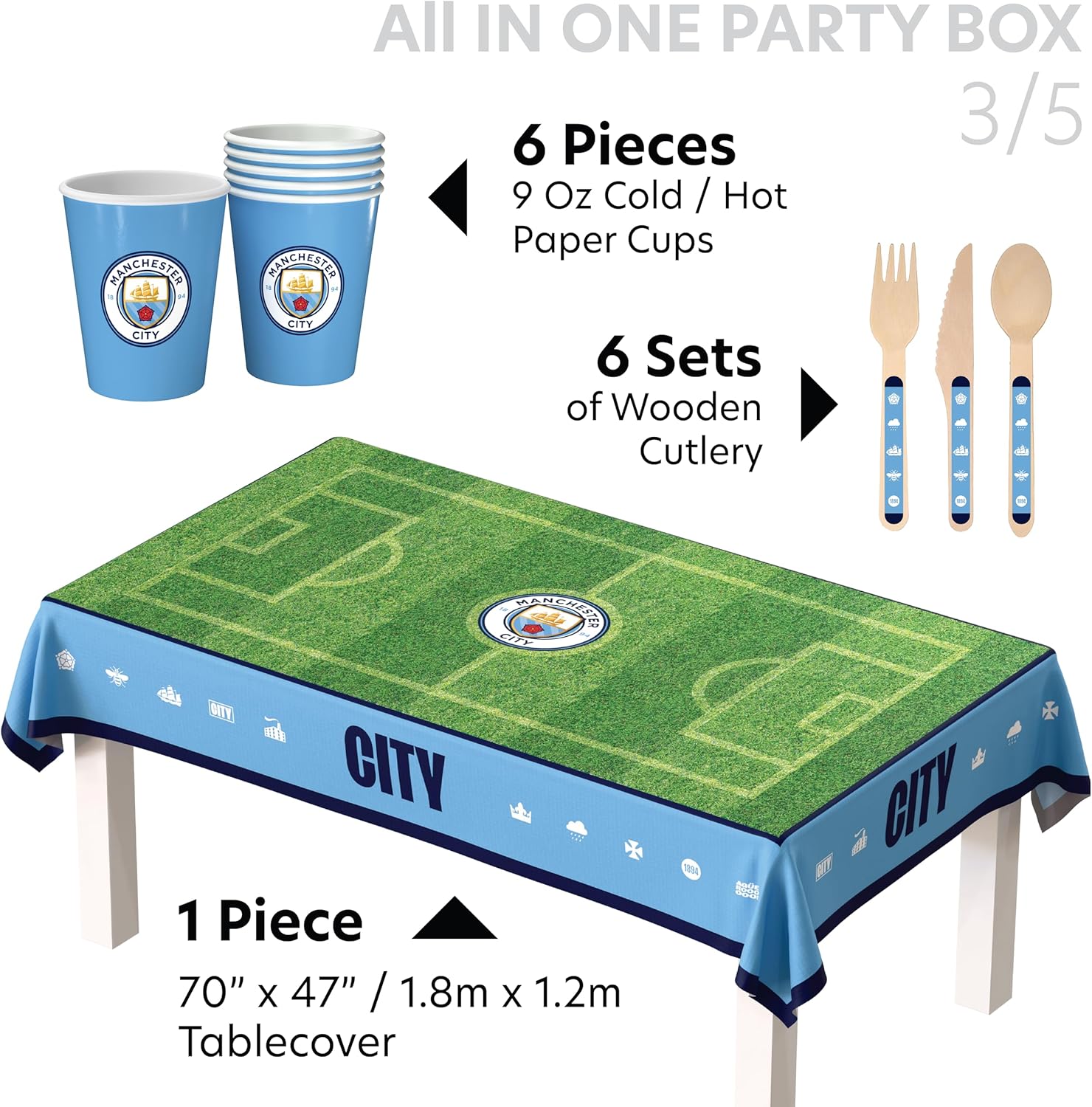 Manchester City FC official Party Box, All in one 75 pcs for 6 Guests | Disposable Tableware Set w/ Cutlery, Napkin, Decorations & Party Favors | Perfect for Birthday, Matchday Celebrate (75