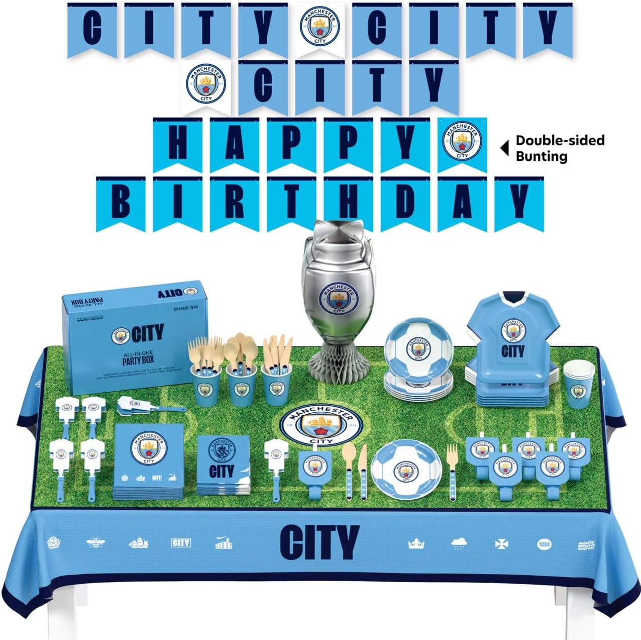 Manchester City FC official Party Box, All in one 75 pcs for 6 Guests | Disposable Tableware Set w/ Cutlery, Napkin, Decorations & Party Favors | Perfect for Birthday, Matchday Celebrate (75