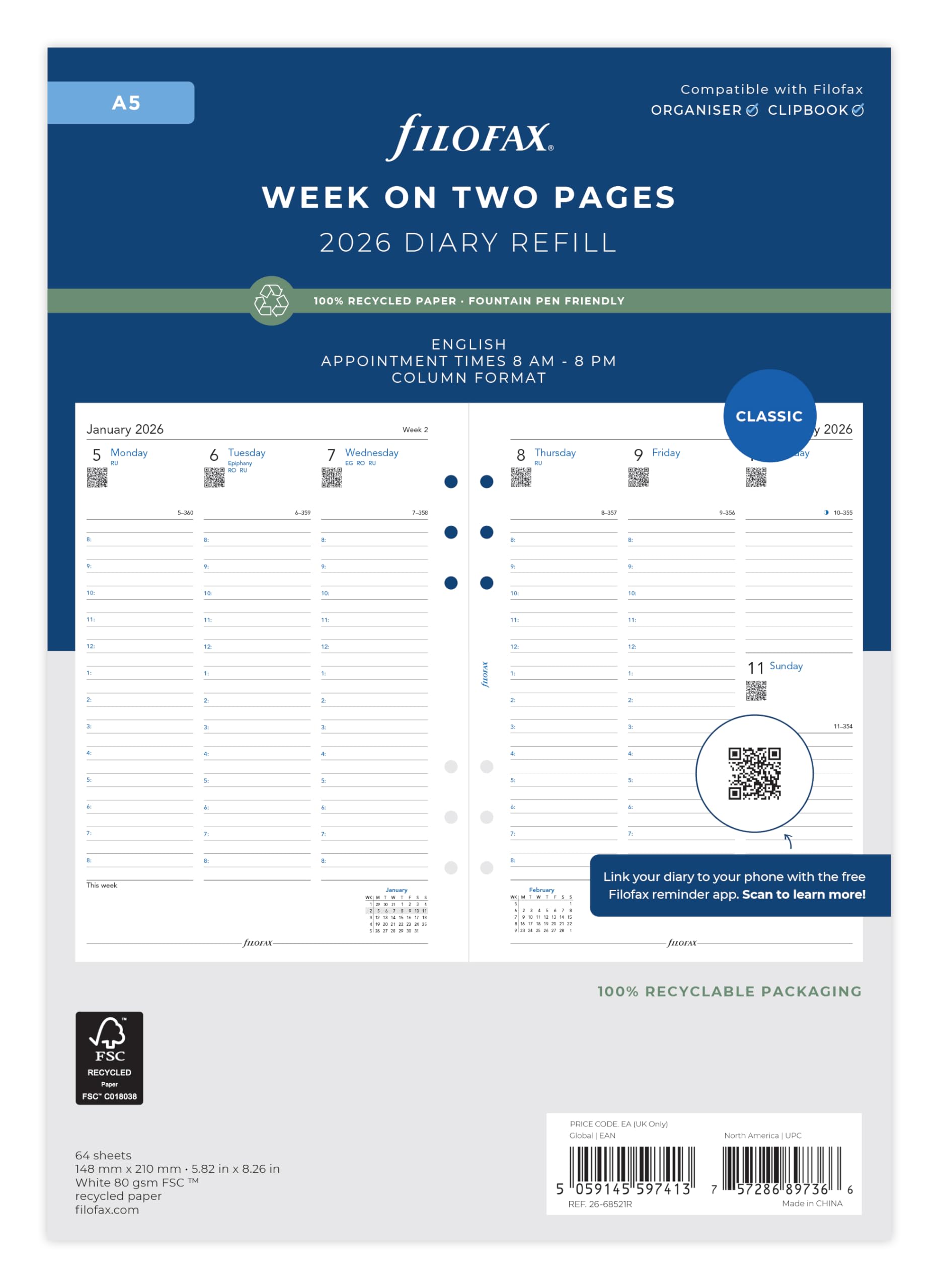 Filofax A5 Week on two pages column format English Recycled paper 2026 diary 26-68521R