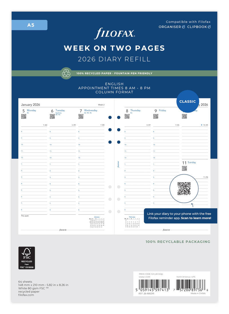 Filofax A5 Week on two pages column format English Recycled paper 2026 diary 26-68521R