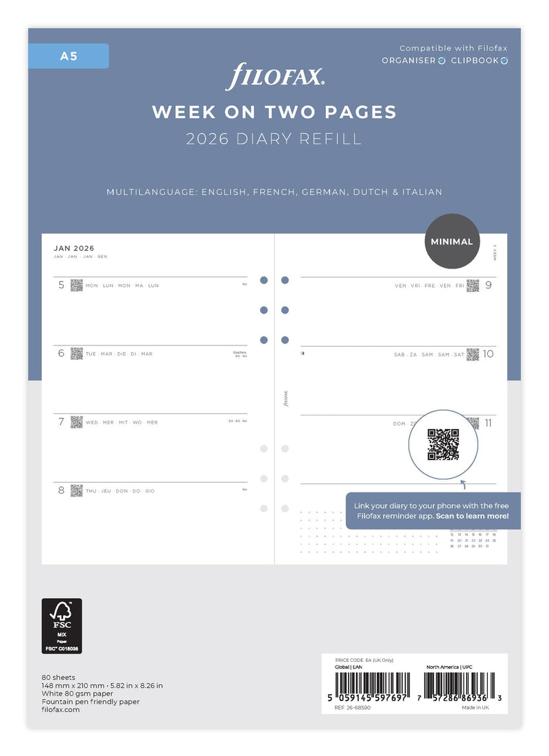 Filofax A5 Minimal Week on Two Pages 5 Language 2026 Diary Planner Refills 26-68590