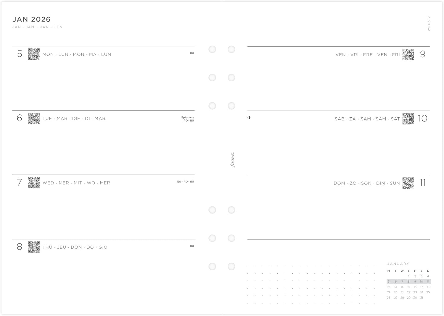 Filofax A5 Minimal Week on Two Pages 5 Language 2026 Diary Planner Refills 26-68590