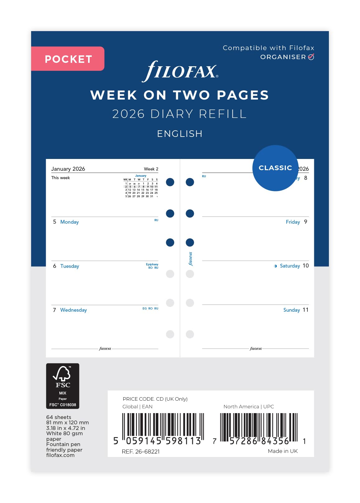 Filofax Pocket Week on two pages English 2026 Small Planner Diary 26-68221