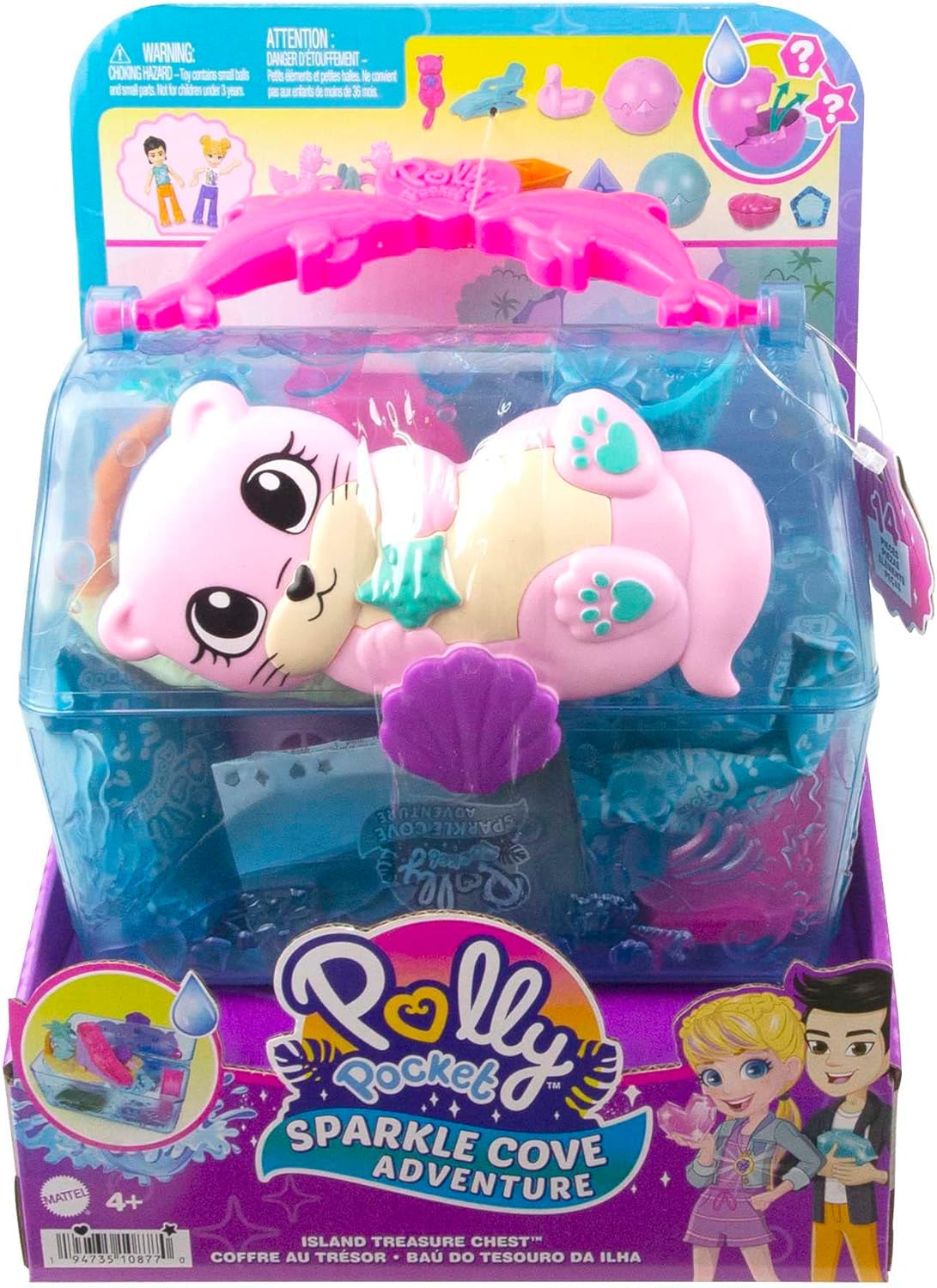 Polly Pocket Sparkle Cove Adventure Playset & 2 Micro Dolls, Island Treasure Chest Carry Case, 4 Animals & Accessories, HPV40