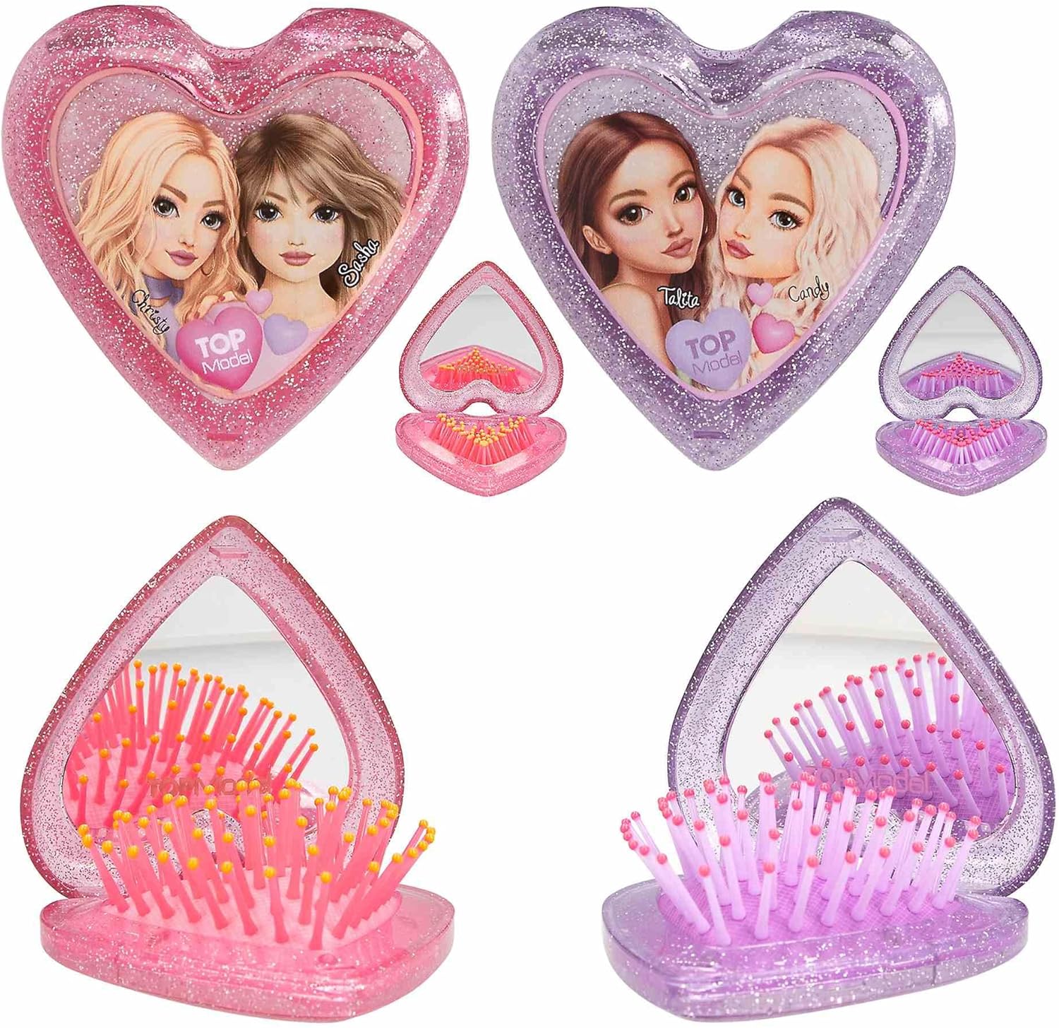 Topmodel - Topmodel Folding Hairbrush With Mirror - Heart Shaped - Transparent Pink And Purple (0413030)