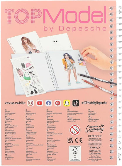 Depesche 13165 TOPModel - Zakkleurboek in praktisch formaat met 120 pagina's voor het ontwerpen van outfits, kleurboek met stickervel en spiraalband