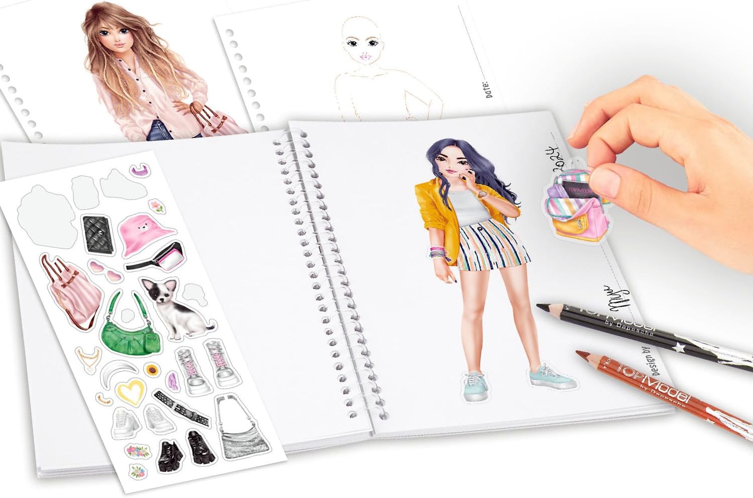 Depesche 13165 TOPModel - Zakkleurboek in praktisch formaat met 120 pagina's voor het ontwerpen van outfits, kleurboek met stickervel en spiraalband
