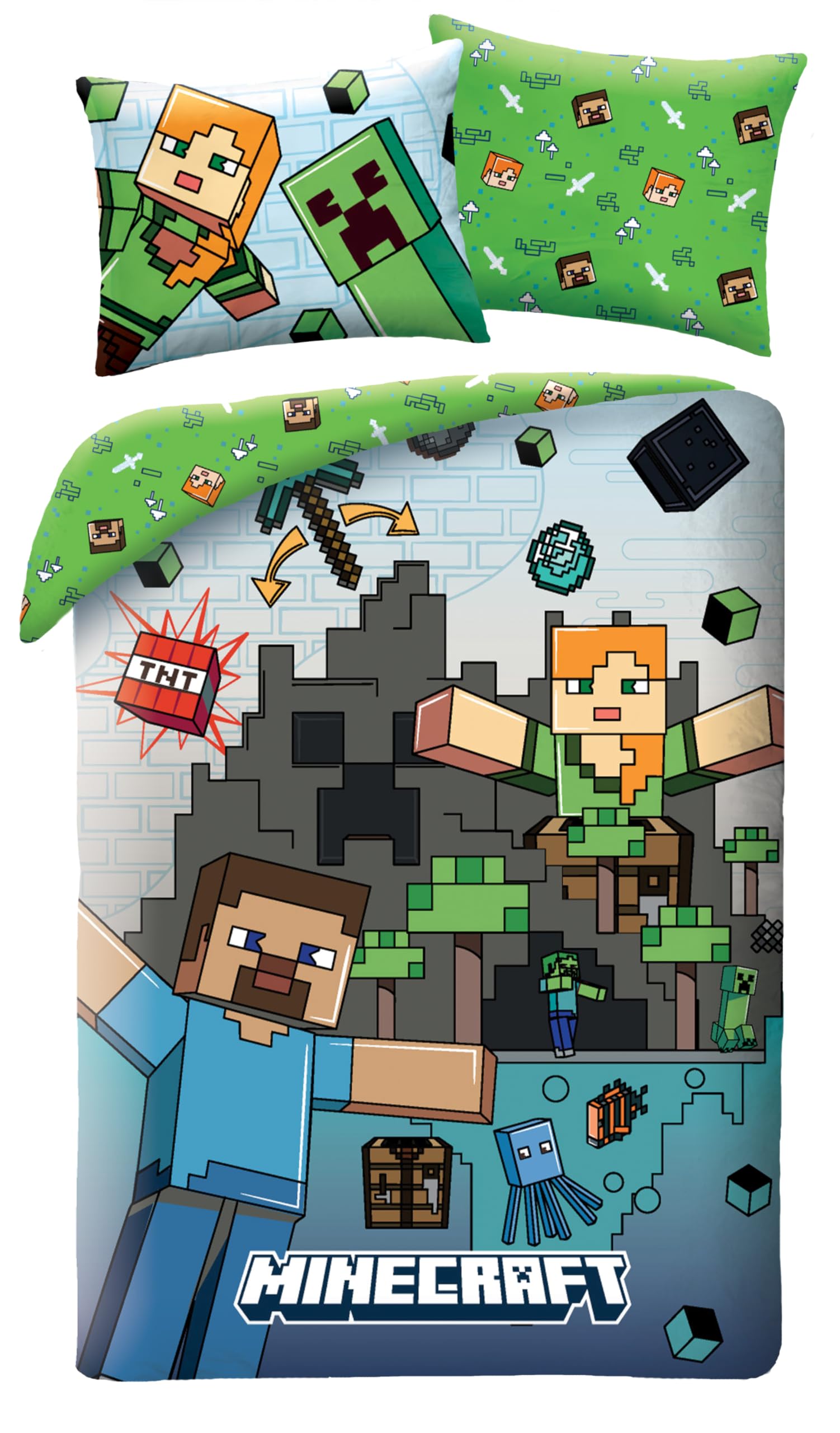 Minecraft Children's Bedding Set – 100% Cotton – Reversible Duvet Cover 140 x 200 cm + Pillowcase
