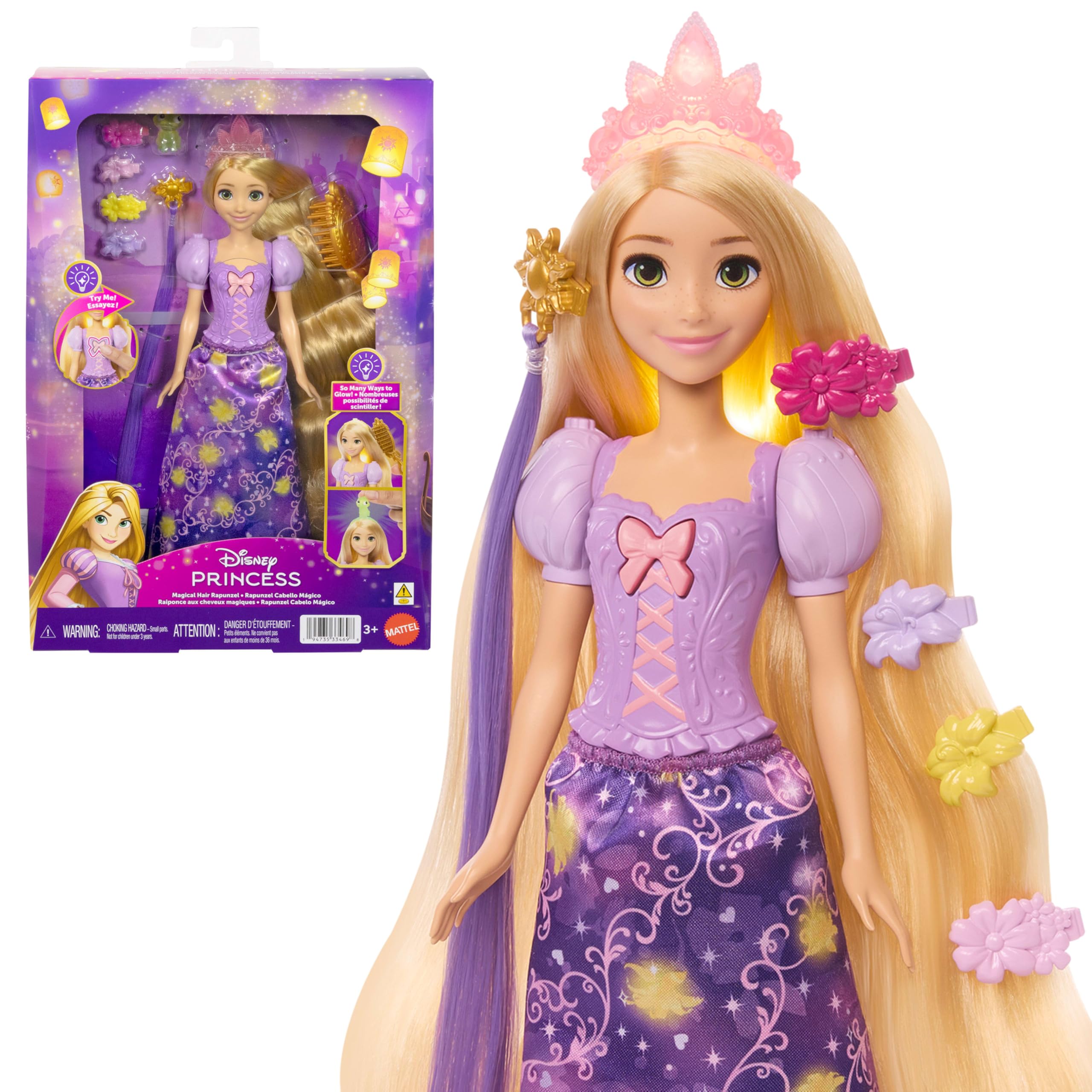 Mattel Disney Prinses Rapunzel Modepop met oplichtend haar en 4 extra manieren om te stralen, Pascal figuur en 7 stylingsaccessoires, geïnspireerd op de film Tangled, JHL46