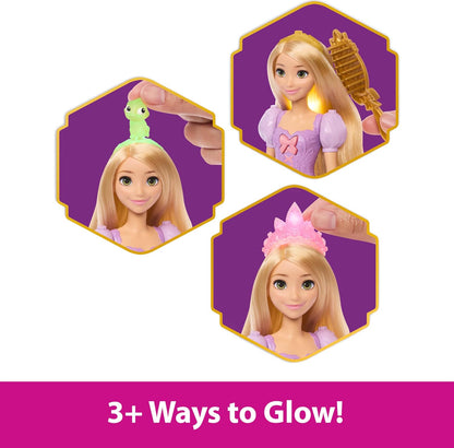 Mattel Disney Prinses Rapunzel Modepop met oplichtend haar en 4 extra manieren om te stralen, Pascal figuur en 7 stylingsaccessoires, geïnspireerd op de film Tangled, JHL46
