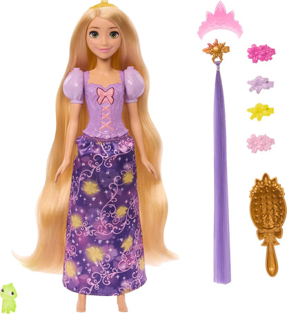 Mattel Disney Prinses Rapunzel Modepop met oplichtend haar en 4 extra manieren om te stralen, Pascal figuur en 7 stylingsaccessoires, geïnspireerd op de film Tangled, JHL46