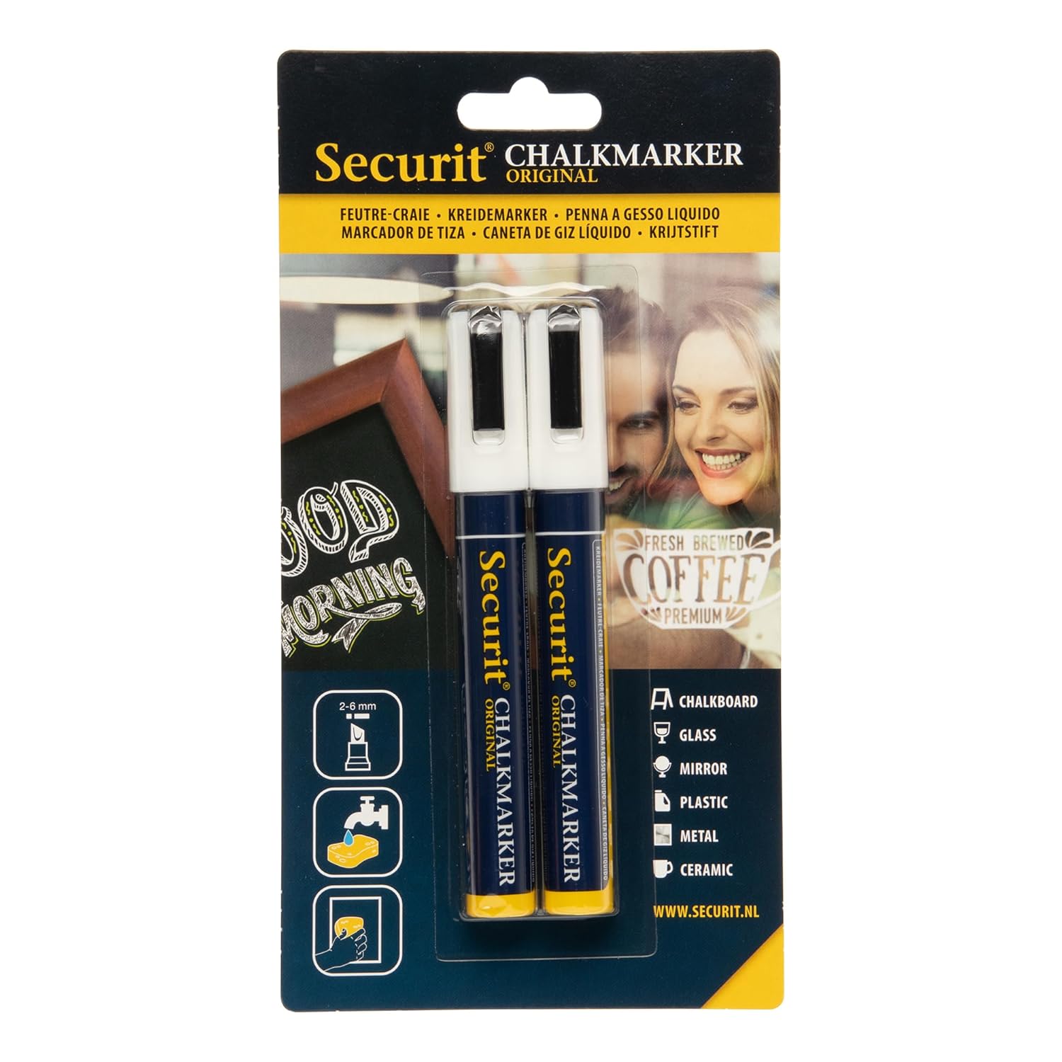 Securit Krijtstiften, set van 2 krijtstiften in wit, kalligrafiepunt met lijndikte 2-6 mm, voor het beschrijven van bordoppervlakken, vochtig afwasbaar