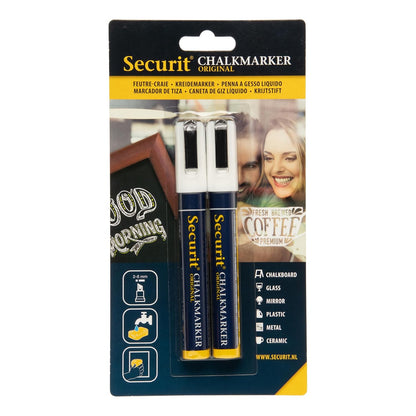 Securit Krijtstiften, set van 2 krijtstiften in wit, kalligrafiepunt met lijndikte 2-6 mm, voor het beschrijven van bordoppervlakken, vochtig afwasbaar