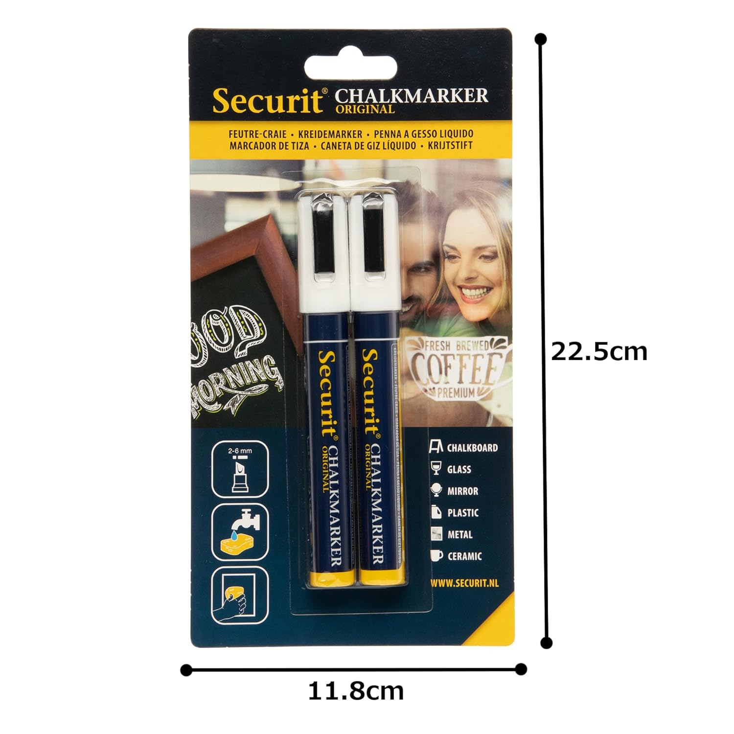 Securit Krijtstiften, set van 2 krijtstiften in wit, kalligrafiepunt met lijndikte 2-6 mm, voor het beschrijven van bordoppervlakken, vochtig afwasbaar