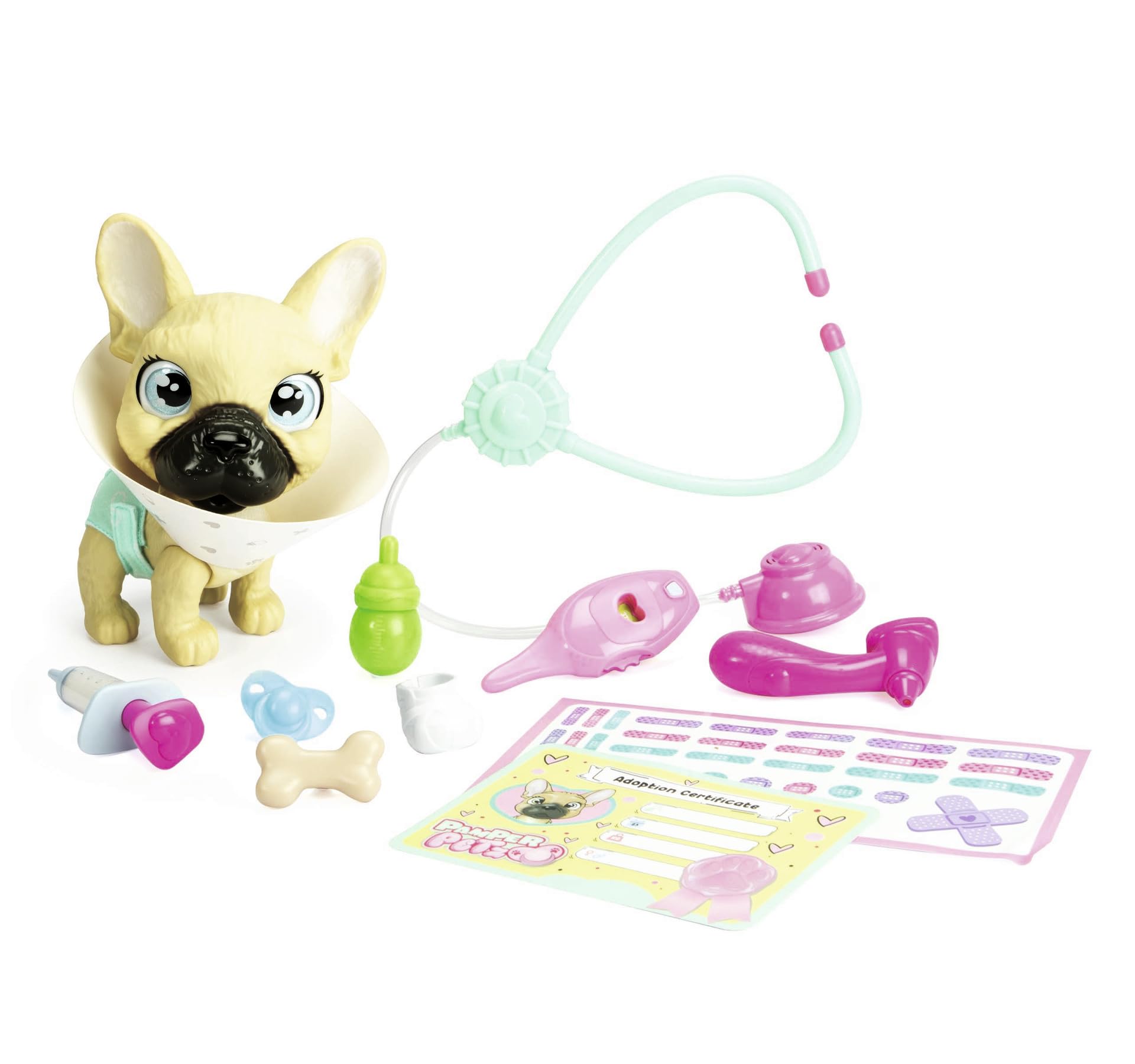 SIMBA 105950056 Pamper Petz Dog Doktor, 17 cm Frenchie met drink- en natfunctie, luier met kleurveranderingsfunctie, meer dan 10 doctoraccessoires, beweegbaar hoofd en benen, met geluid, vanaf 3 jaar