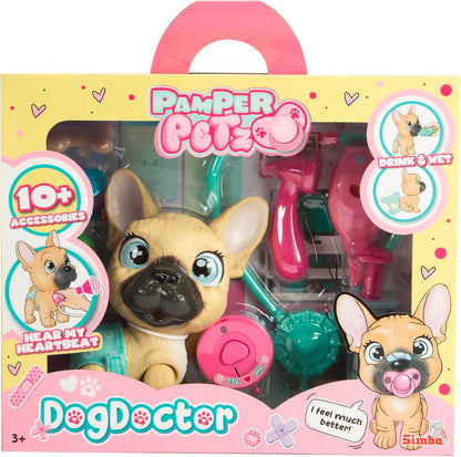 SIMBA 105950056 Pamper Petz Dog Doktor, 17 cm Frenchie met drink- en natfunctie, luier met kleurveranderingsfunctie, meer dan 10 doctoraccessoires, beweegbaar hoofd en benen, met geluid, vanaf 3 jaar