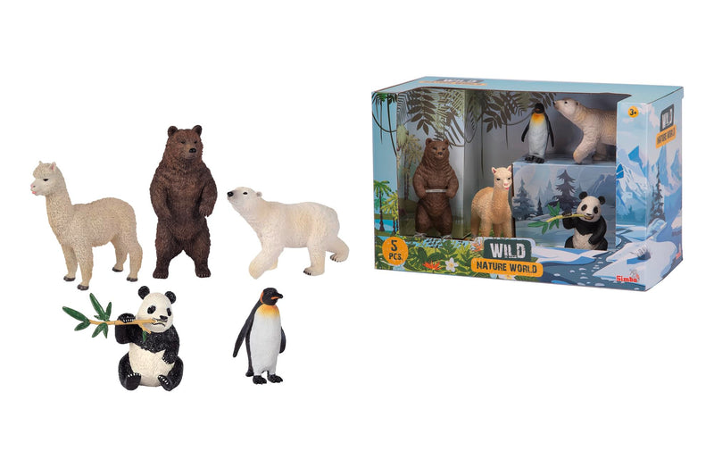 Simba 104343104 Toy Figures, Wild Animals - Set with Wild Animals Toys, Brown Bear, Lama, Panda and Penguin, 6-13 cm, from 3 Years