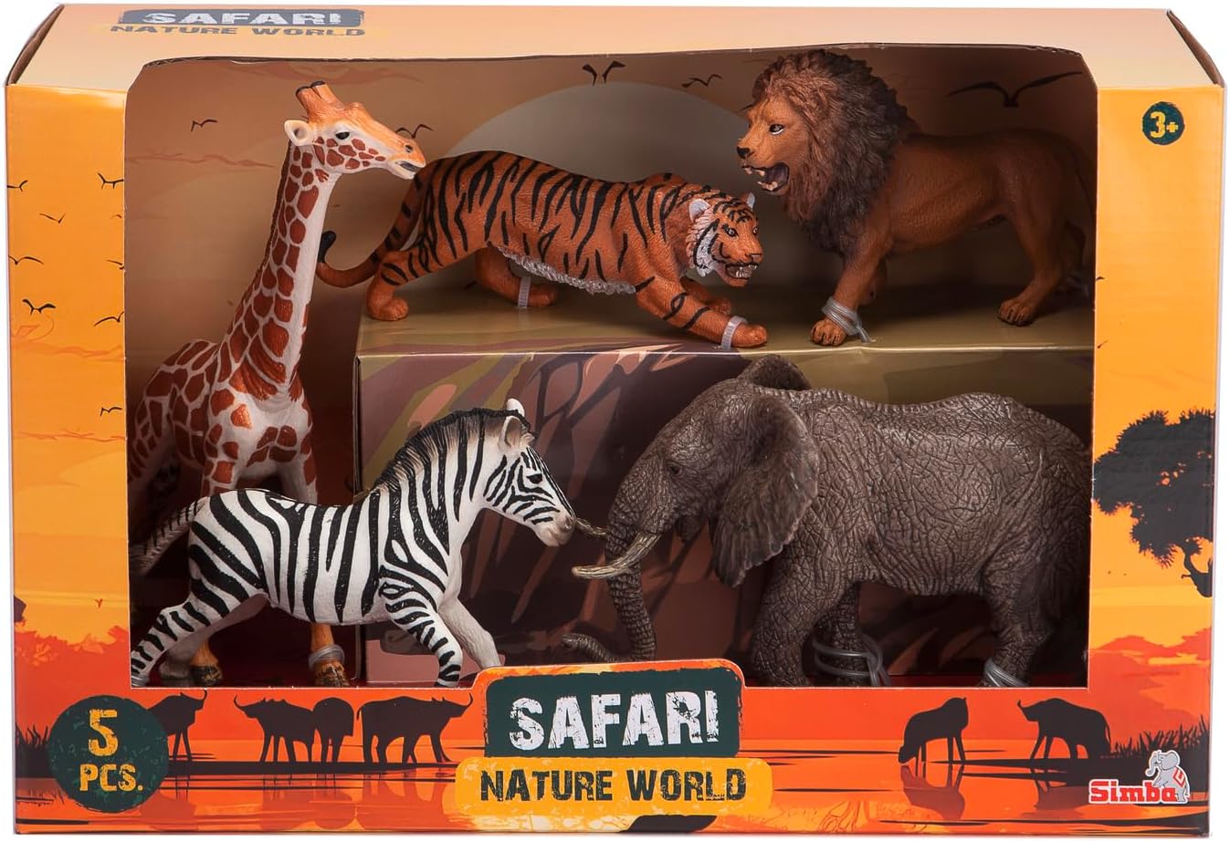 Simba 104343103 Safari Animal Figures Sapphire Animal Set Toys, Lion, Tiger, Elephant, Giraffe and Zebra, 13-17 cm, from 3 Years