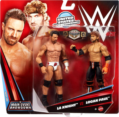 Mattel WWE Main Event Showdown Action Figures 2-Pack with Accessory, Series #24 LA Knight vs Logan Paul Collectible Set, 6-inch, JHJ55
