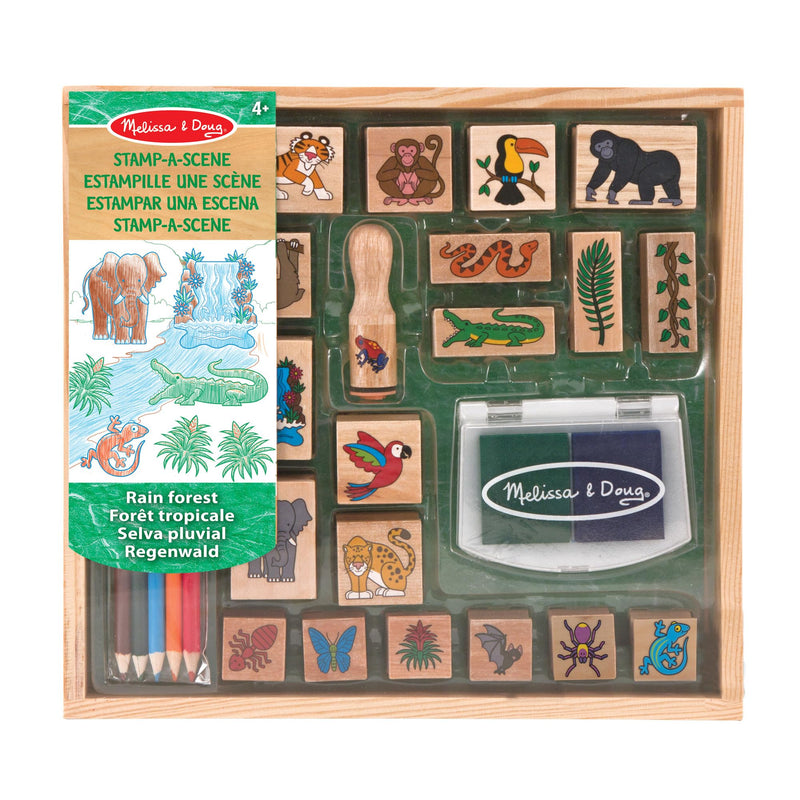 Melissa & Doug Jeu de timbres en bois Forêt tropicale, Cadeau pour filles et garçons, 20 timbres, tampon d’encre, 5 crayons, Jouet créatif, Loisirs créatifs pour filles et garçons de 3 4 5 6 7 ans