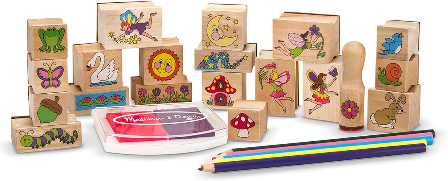 Melissa & Doug Jeu de timbres en bois Jardin Féerique, Cadeau pour filles et garçons, 20 timbres, tampon d’encre, 5 crayons, Jouet créatif, Loisirs créatifs pour filles et garçons de 3 4 5 6 7 ans