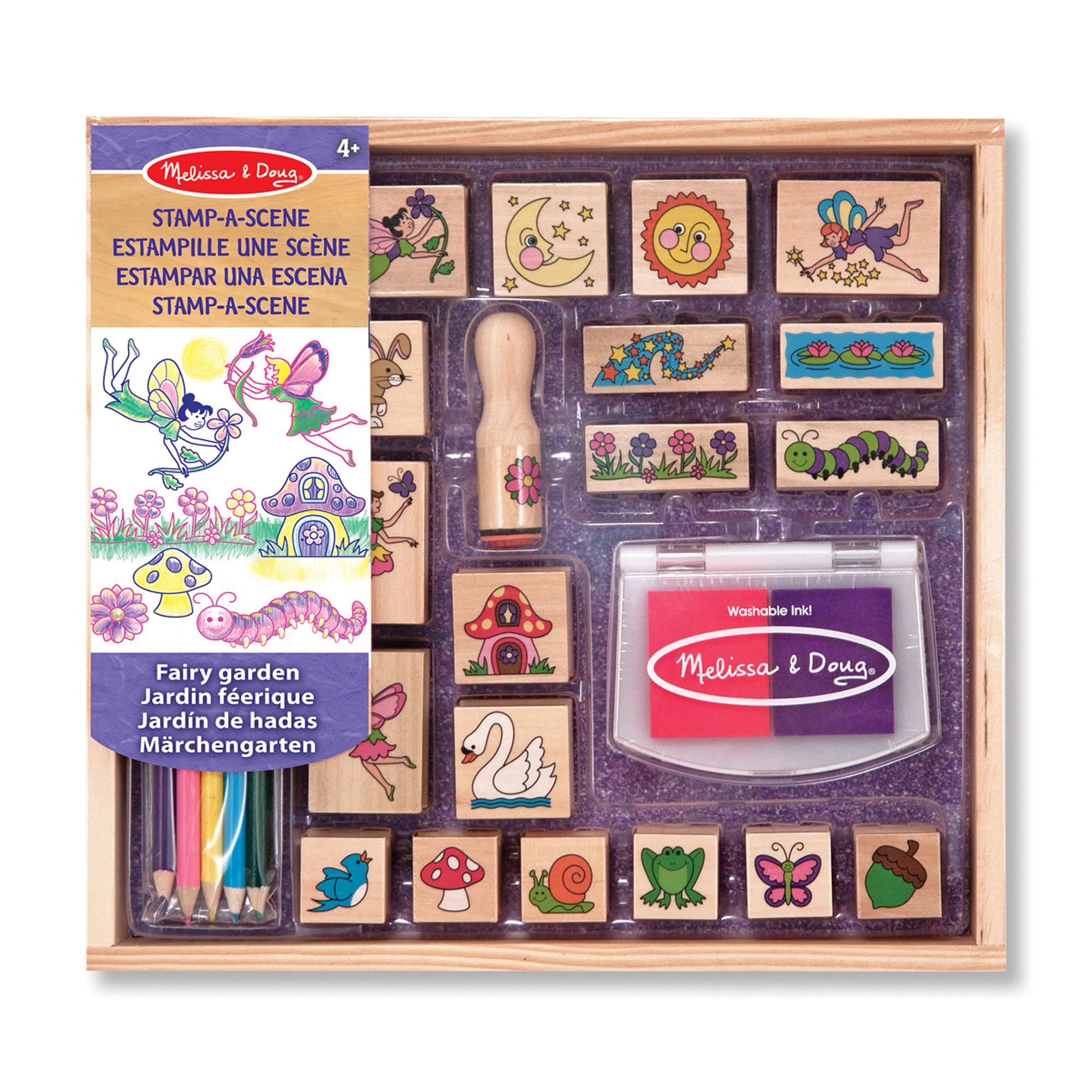 Melissa & Doug Jeu de timbres en bois Jardin Féerique, Cadeau pour filles et garçons, 20 timbres, tampon d’encre, 5 crayons, Jouet créatif, Loisirs créatifs pour filles et garçons de 3 4 5 6 7 ans