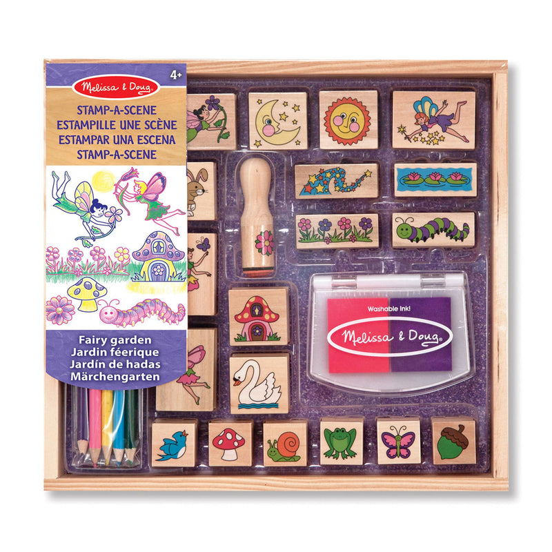 Melissa & Doug Jeu de timbres en bois Jardin Féerique, Cadeau pour filles et garçons, 20 timbres, tampon d’encre, 5 crayons, Jouet créatif, Loisirs créatifs pour filles et garçons de 3 4 5 6 7 ans
