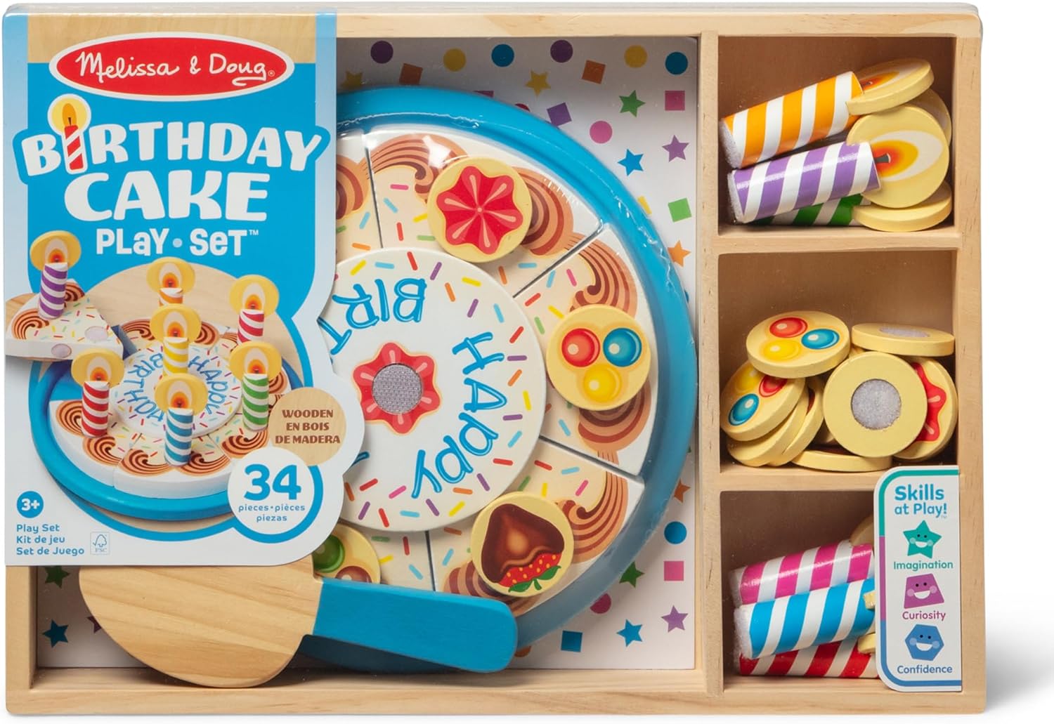 Melissa & Doug Wooden Birthday Cake | Pretend Play | Wooden Play Food Toy for Kids | 3+ | Gift for Boy or Girl