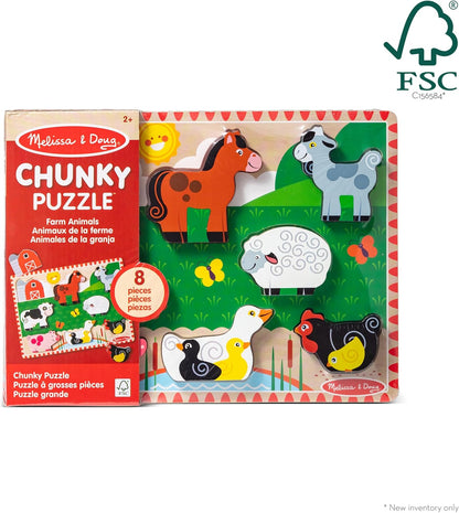 Melissa & Doug Farm Wooden Chunky Puzzle – 8-Piece Extra-Thick Wooden Puzzle with Full-Color Matching Pictures – Interactive Learning Toy for Kids Age 2 Plus - FSC Certified