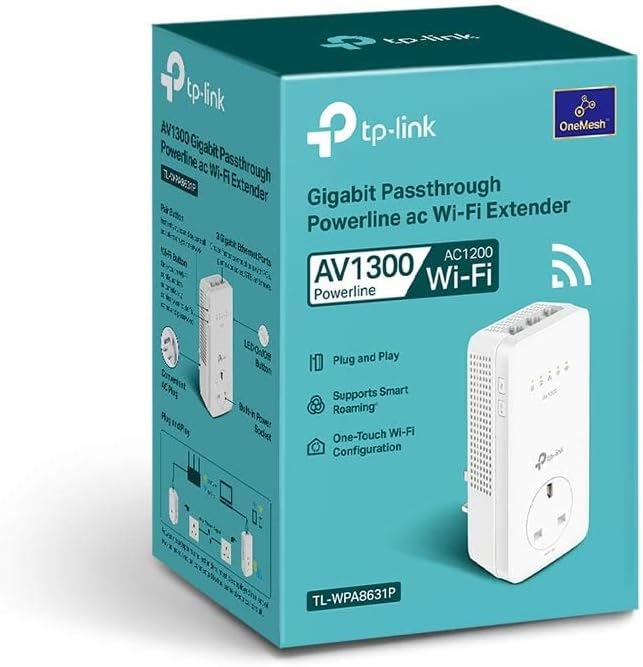TP-Link TL-WPA8631P AV1300Mbps WiFi Extender Booster, Dual-Band WiFi Extender, 3x Gigabit Ports, Gigabit Passthrough Powerline Up To 867 Mbps on 5 GHz and 300 Mbps on 2.4 GHz, 2x 2 MIMO, Plug & Play