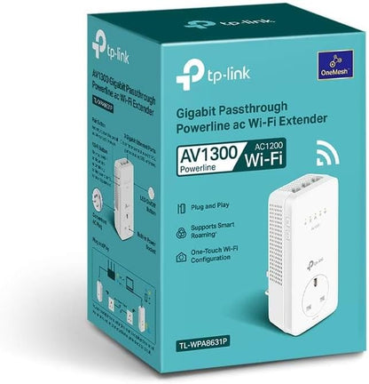 TP-Link TL-WPA8631P AV1300Mbps WiFi Extender Booster, Dual-Band WiFi Extender, 3x Gigabit Ports, Gigabit Passthrough Powerline Up To 867 Mbps on 5 GHz and 300 Mbps on 2.4 GHz, 2x 2 MIMO, Plug & Play