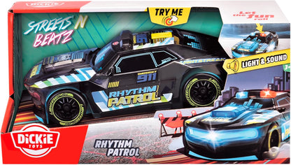 Dickie TOYS - RHYTHM PATROL TOY CAR with Light Change & Music - Streets N Beatz Police Car with Friction Motor 20 cm Includes Batteries Toy for Children from 3 Years