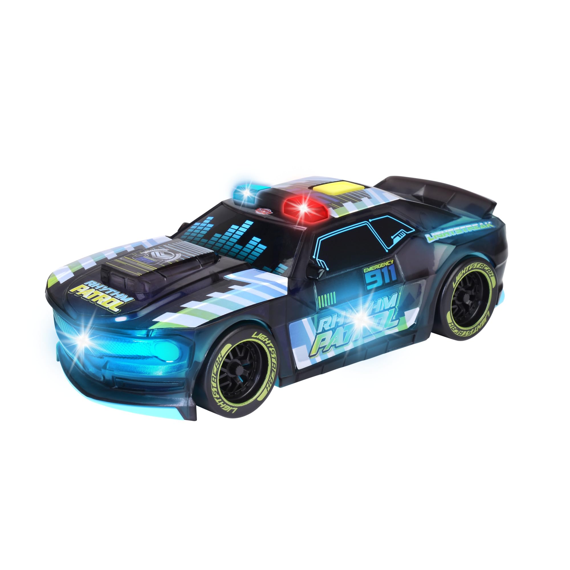 Dickie TOYS - RHYTHM PATROL TOY CAR with Light Change & Music - Streets N Beatz Police Car with Friction Motor 20 cm Includes Batteries Toy for Children from 3 Years