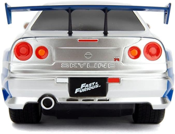 Jada Toys 253206007 Fast & Furious RC-Auto, 2002 Nissan Skyline GT-R, R34, afstandsbediening auto, turbofunctie, 2-kanaals afstandsbediening, USB-oplaadfunctie, incl. batterijen, 1:16, blauw/zilver
