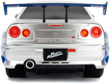 Jada Toys 253206007 Fast & Furious RC-Auto, 2002 Nissan Skyline GT-R, R34, afstandsbediening auto, turbofunctie, 2-kanaals afstandsbediening, USB-oplaadfunctie, incl. batterijen, 1:16, blauw/zilver