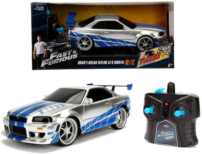 Jada Toys 253206007 Fast & Furious RC-Auto, 2002 Nissan Skyline GT-R, R34, afstandsbediening auto, turbofunctie, 2-kanaals afstandsbediening, USB-oplaadfunctie, incl. batterijen, 1:16, blauw/zilver