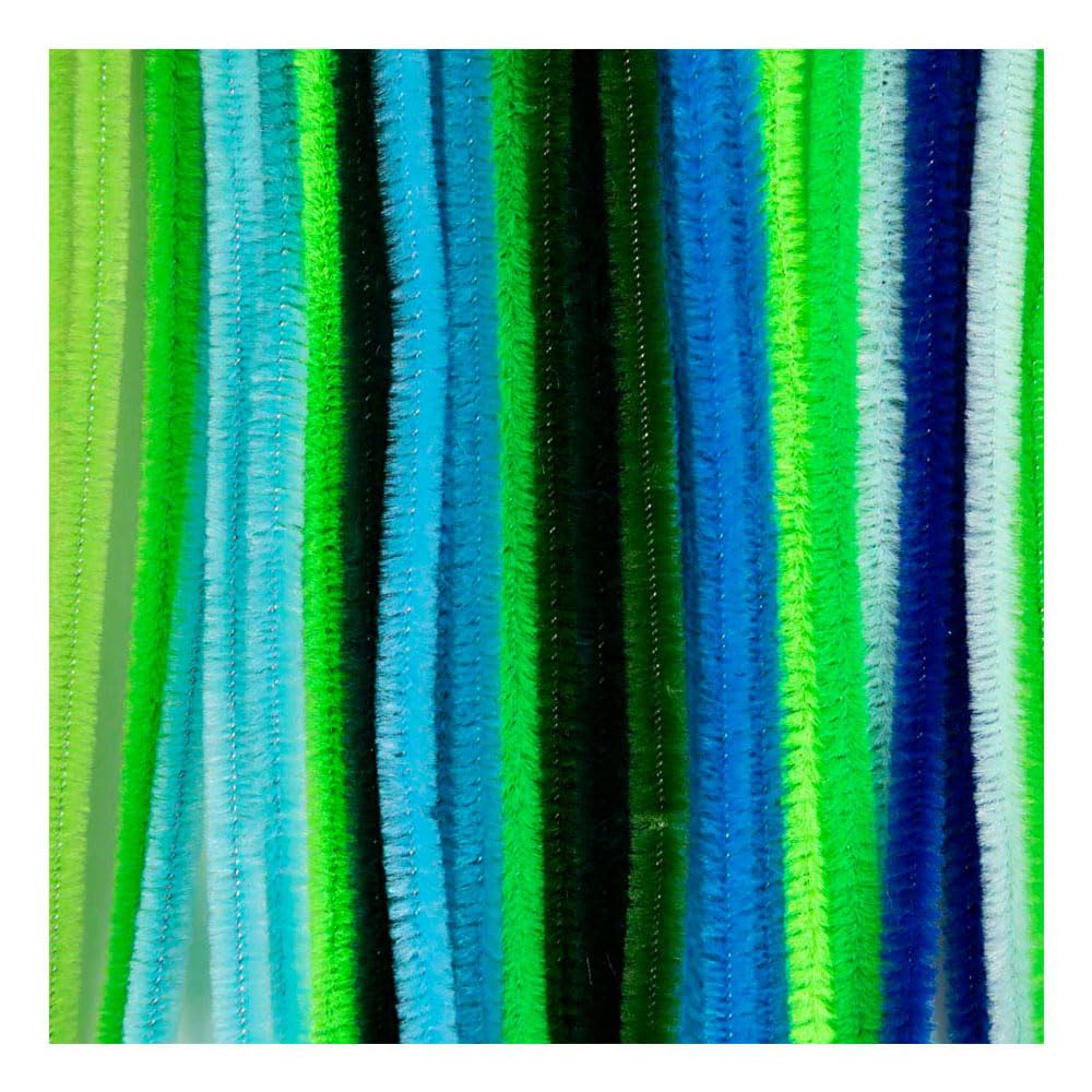 Chenille 6 mm x 30 cm green and turquoise harmony - 25 pieces.