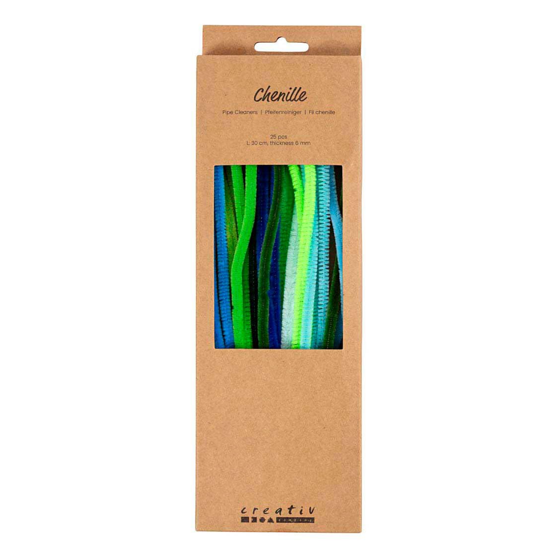 Chenille 6 mm x 30 cm green and turquoise harmony - 25 pieces.